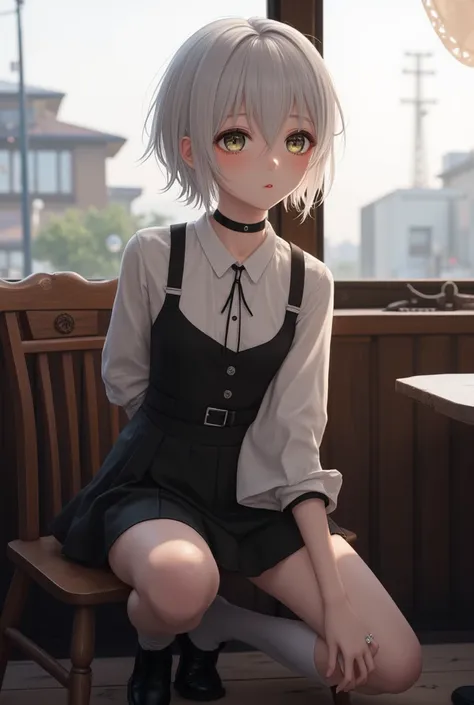  Japanese beautiful idol, Japanese beautiful girl, cute, A beautiful young girl dressed as 2B from Nier Automata in a chair at the cafe , 1 girl, Alone, serafuku, skirt,  kneeling ,  white hair,  short hair,  looking at the spectator, socks,  masterpiece, ...