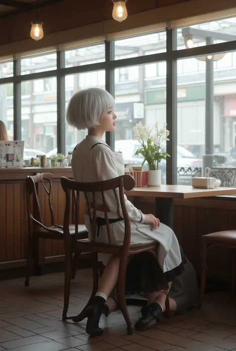  Japanese beautiful idol, Japanese beautiful girl, cute, A beautiful young girl dressed as 2B from Nier Automata in a chair at the cafe , 1 girl, Alone, serafuku, skirt,  kneeling ,  white hair,  short hair,  looking at the spectator, socks,  masterpiece, ...