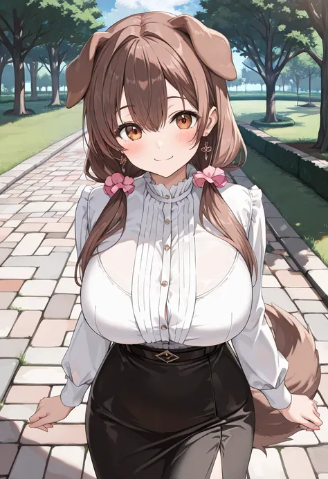 ( best quality , 8k , masterpiece , incredibly absurdres , beautiful woman , perfect body , super detailed skin , highly detailed eyes and face , 1 person ) , Inugami King , original hair color ,  brown hair  ,  dog ear , smile ,  will be happy , (  Jirai ...