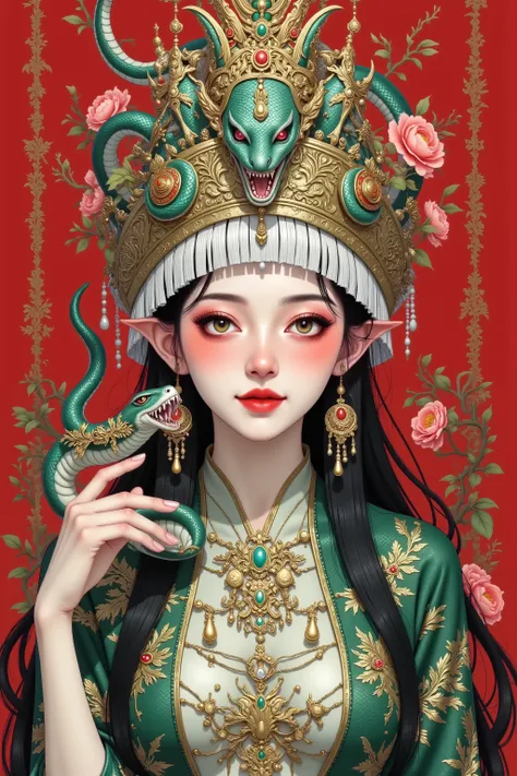 One wearing a green dress、 Closeup of a woman with a snake on her head,  A Beautiful Fantasy Queen , goddess. Extremely detailed, Snake Queen , dark Snake Queen , (( A Beautiful Fantasy Queen )), Beautiful and elegant demon queen , Ocean Queen Mu Yanling  ...