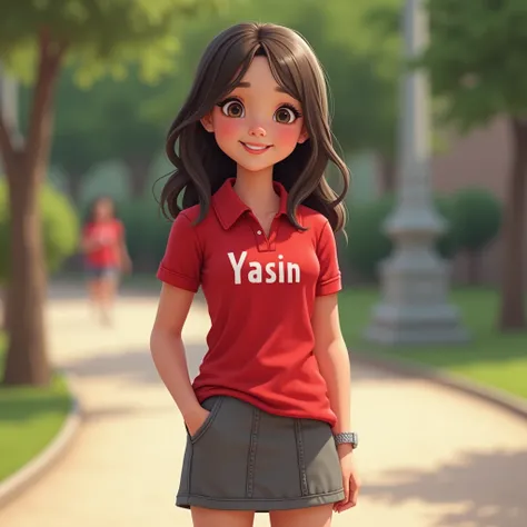 
  "prompt": "A highly realistic and natural full-body image of a young girl with a cute but not baby-like face, wearing a red polo shirt with the text 'Yasin' written on it, paired with a gray mini skirt. She is standing confidently in a casual, natural p...