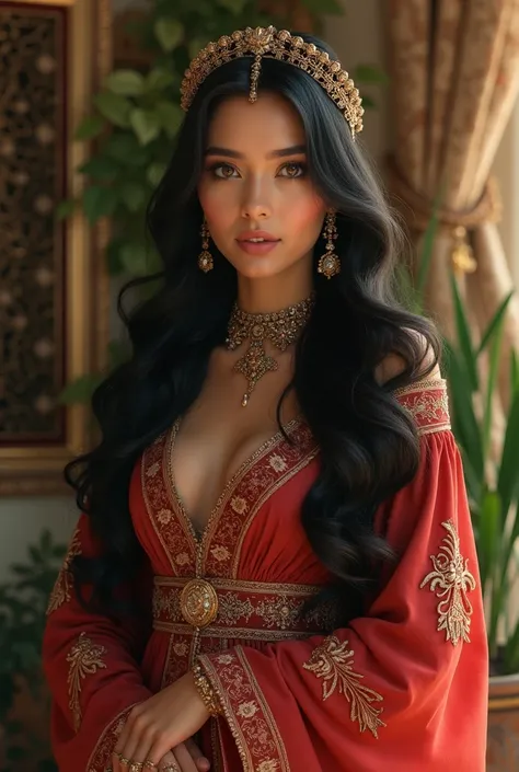 beautiful Middle Eastern woman, long black hair, hazel eyes” or “Arabic princess harem style” to find an image that reflects her regal, yet elegant appearance.