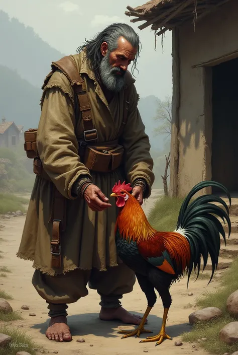 Draw a peasant with a cockerel nearing death