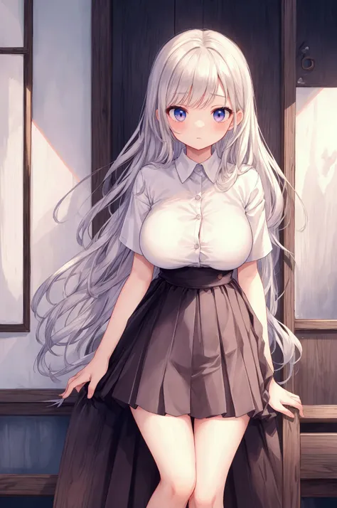 masterpiece, OL, white t-shirt with buttons,   perfect leg , Tulle Skirt ,Perfect waist,  big breasts,  innocent face, perfect body through Ngs,  big breasts, Best scene , masterpiece,  Score 9 Anime Color ,  american shot,  beautiful, composition, Harmony...