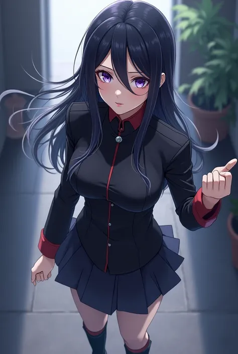 girl in command,  view from above , 4k quality,  superdetail,mature anime woman, black hair purple eyes,  5 fingers, in uniform and boots