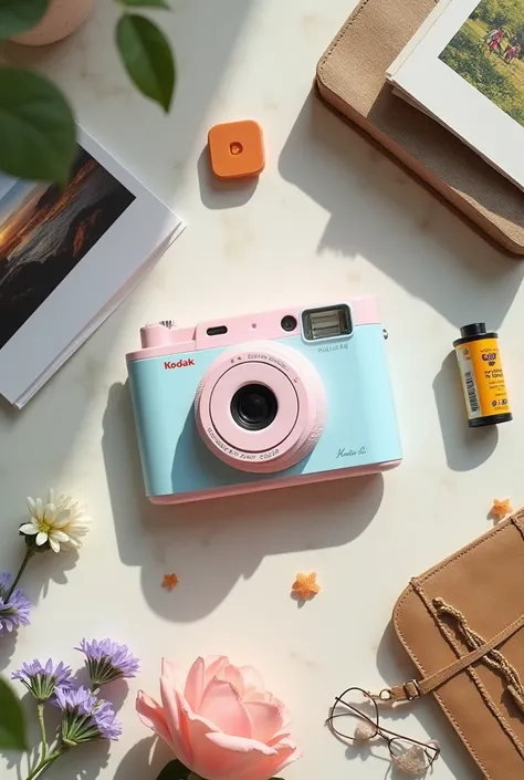 Create a stylish flat-lay image to advertise a Kodak film camera. The photo should show a modern Kodak film camera in pink and blue, surrounded by photography accessories: film, vintage photographs, some accessories related to travel and pleasant moments. ...