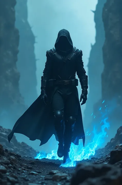 A man is walking like a villain on blue flame wearing black ninja suits military armor 