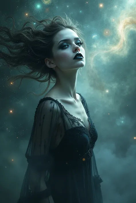 Beautiful Real Looking Woman, Ghotic make up, Pale Skin, Universe,  Astral Projection ,  ,Abstrac Art 
Full Shot of Her , Digital Quality Clear picture, Realistic looking photo, 3D 