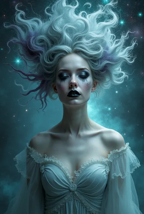 Beautiful Real Looking Woman, Ghotic make up, Pale Skin, Universe,  Astral Projection ,  ,Abstrac Art 
Full Shot of Her , Digital Quality Clear picture, Realistic looking photo, 3D 