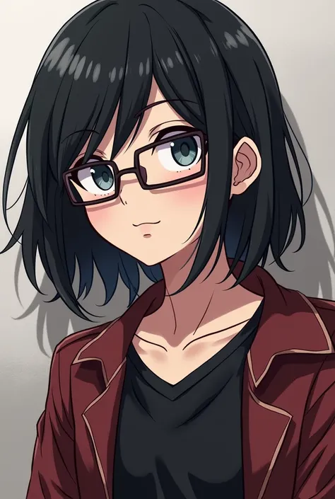 anime character with glasses and a black hair and a black shirt,  Akane Owari Danganronpa, Yukio - e, inspired by Yukihiko Yasuda, inspired by Kamisaka Sekka, Junko Enoshima, Akiyuki Shinbou, inspired by Okumura Masanobu, hinata hyuga, mob psycho 100