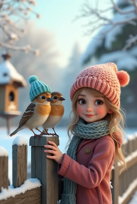 Create pictures in 3D and photorealistic 2 sparrows young girl with colorful hats on a garden fence and bird feeder snowy 