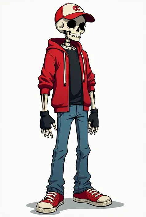  Skeleton drawn in the style of Helluva Boss ,  wearing blue jeans , red sneakers with white sole ,  black t-shirt ,open red sweatshirt ,  black fingerless gloves,  a scratch that goes through where the eye should go and red and white cap 