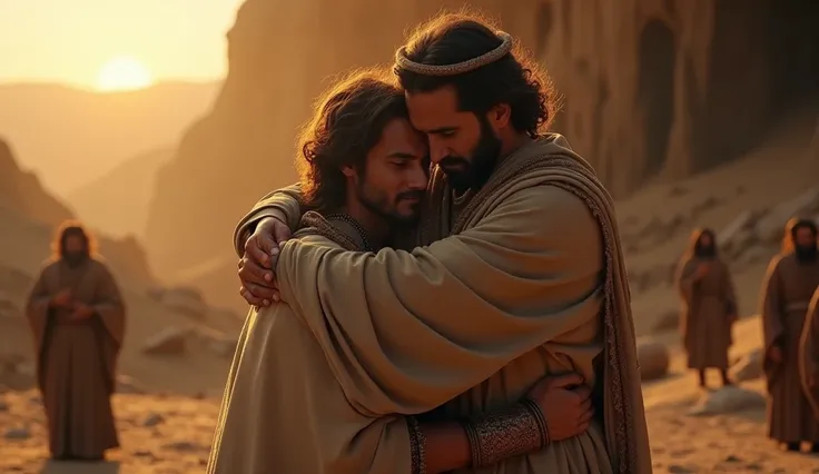 4.	 An emotional scene of Isaac and Ismael embracing each other after burial, with the cave of Machpelah in the background ,  illuminated by the setting sun —air 16 :9