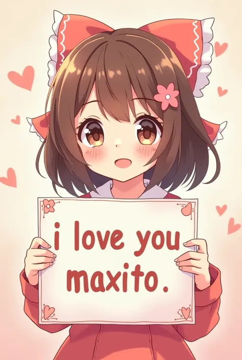 an anime girl,with a sign that has the words written on it "I love you Maxito "