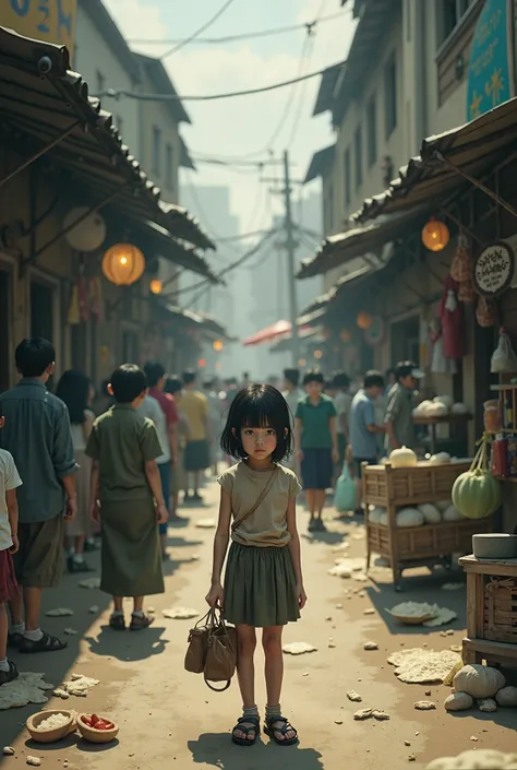 Poor girl in the middle of the market with the grave of the fireflies as color and theme reference for the background. 