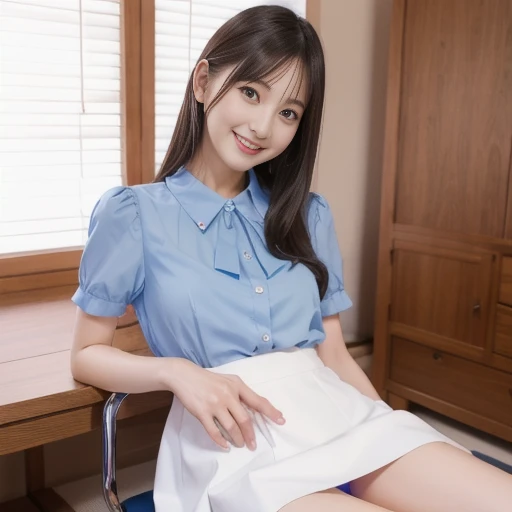 nsfw, woman, sitting on low chair, white skirt, blue blouse, red panties, from front, focus on skirt, ((masterpiece)), ((best quality)), (ultra-detailed), ((beautiful eyes)), Japanese female, (slender:1.3), ((30 years old)), beautiful, (cheerful grin:1.3),