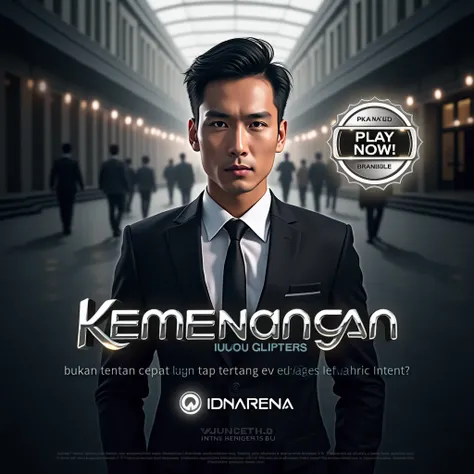 Create a sleek and captivating promotional banner featuring a modern, confident ASIAN male model dressed in a sharp suit, exuding determination and leadership. The dominant colors are dark silver and white, replacing any previous hues, and creating a clean...