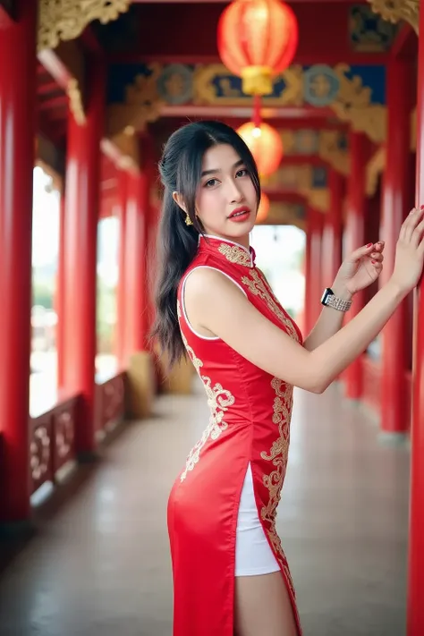 **Masterpiece, Ultra Detailed, Realism, Cinematic Quality**  
A stunning Thai idol, aged 18, exuding beauty and youthful confidence. She is wearing a striking red qipao (Cheongsam) with a high slit that elegantly reveals her toned legs, blending traditiona...