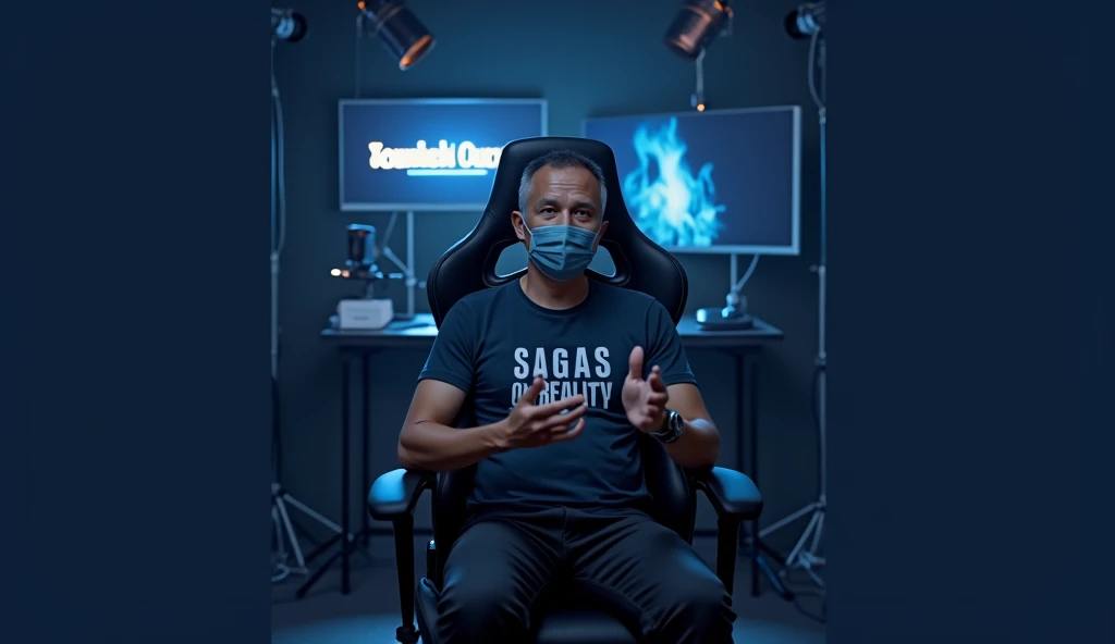 A  man seating in front in studio but studio looking some lighting equipment and effects type. In the foreground, a ager sits on a gaming chair  wearing a face mask compulsory The ager moving his look like explaining something or sharing something They wea...