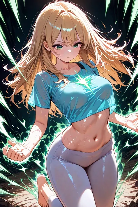 (Sayawoman: blonde hair, long hair, messy hair, light blue crop shirt, white leggings,  barefoot, levitating, green eyes, woman, midriff, medium breast, slightly marked musculature), burst of power through hands' palm, beam energy, rocky field, sunlight, a...