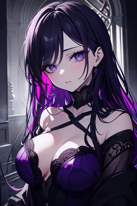 intricate purple dress, captivating and mysterious allure, dangerous and alluring aura, delicate and fleeting "it's better if you don't come near me. if you don't want to die.", beautiful detailed eyes, beautiful detailed lips, extremely detailed eyes and ...