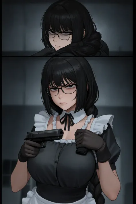 Black Haired Braided Maid, Glasses, Glaring Eyes, No Feelings, 2 Handgun Battle Scene