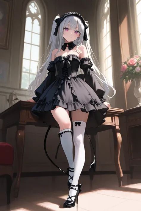  Silver Hair、devil、devil角、devil羽、devil尻尾、 slippery、 gothic lolita costume 、naked、 high knee socks、High heels、R18