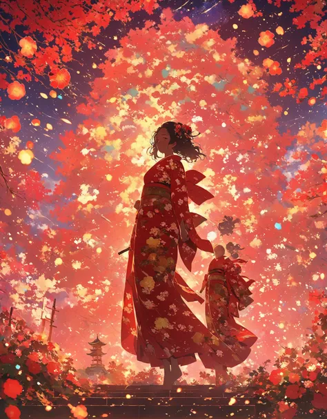 masterpiece,  concept art ,  panorama,１ girls with light makeup, shape,  wide shot,shrine, Japanese kimono , (meteor), space galaxy background , (  great composition  ,  epic scale),   dynamic lighting ,  bright color,Red camellia flower,Landscape,  long e...