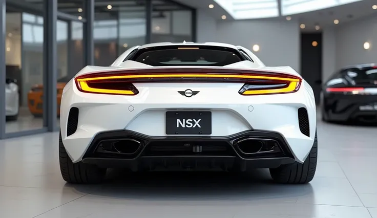 Create a 3d render  car design   (  back) end of (2025 Mini ) with ( front) end view ( white )  clour with a “NSX” written on ( front ). and. Taillights “in pure glossy yellow with ultra detailed glossy shining image captured from ( Back ) end showroom car...