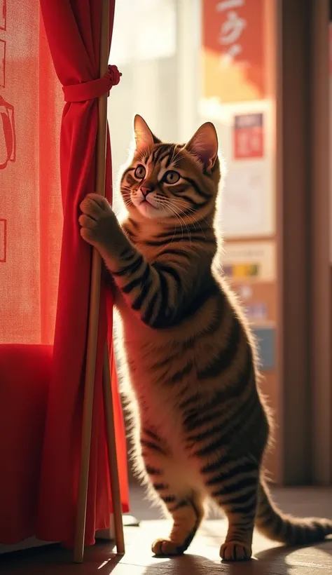 At the entrance of a ramen shop、 A cute cat with a large, fluffy tabby pattern is expressed 、 standing above the entrance of a ramen shop holding a stick passed through a red curtain with the ramen shop logo in it。The cat walks on two legs 。 the height of ...