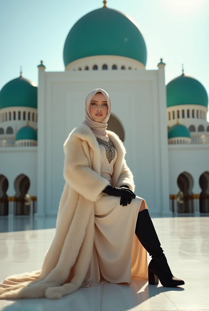 An 8K ultra-high-definition image captures a stunning woman with fair skin, radiating grace as she sits gracefully in front of the majestic Kul Sharif Mosque. Her calm yet confident expression is directed at the camera, emphasizing her poised elegance. She...