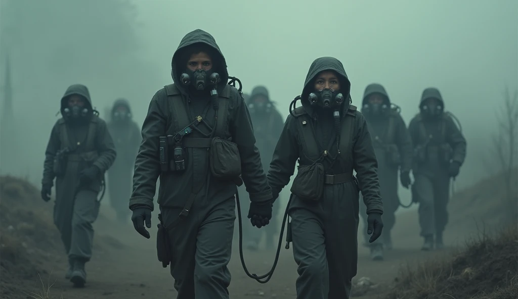 A dystopian scene set in a world where fresh oxygen is no longer available, and people are forced to wear advanced oxygen suits to breathe. The environment around them is heavy with thick, black, polluted air, which hangs in the atmosphere, blocking the na...