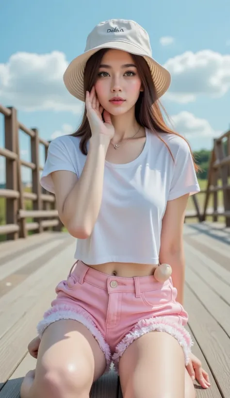 32K,  masterpiece,  high quality, (Korean beauties ) low-angle ,  pale skin,  Bucket hat,  white t-shirt , pink shorts,  fringe ,  platform sandals ,  hand to face ,  Humble expression ,  outdoor ,  wooden surface, Bright sky,  pussy video without panties,...