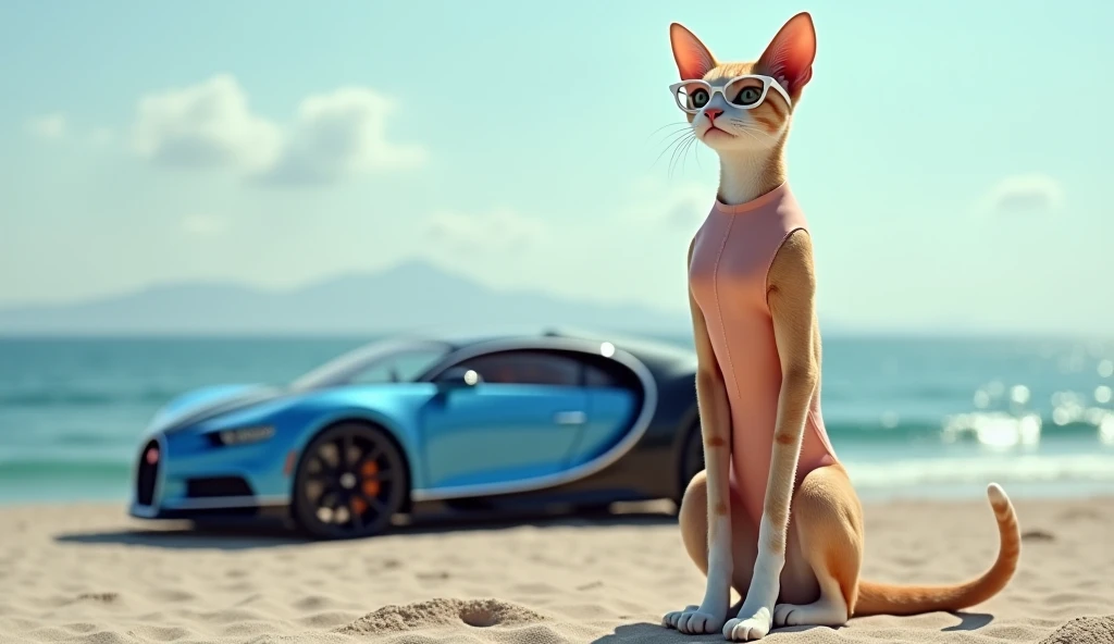 A one beautiful tall cat in (peach dress,white glassess,white shoes)stand in the front of ocean and the blue buggati car is stand in the front of ocean