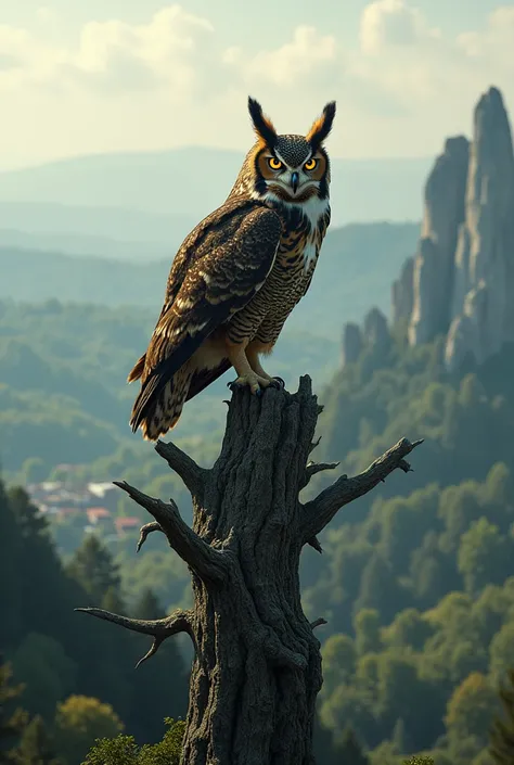 Tu peux créer le grand Duc d'Europe avec un regard majestueux sur la cime d'un arbre qui contemple forêts et ville 