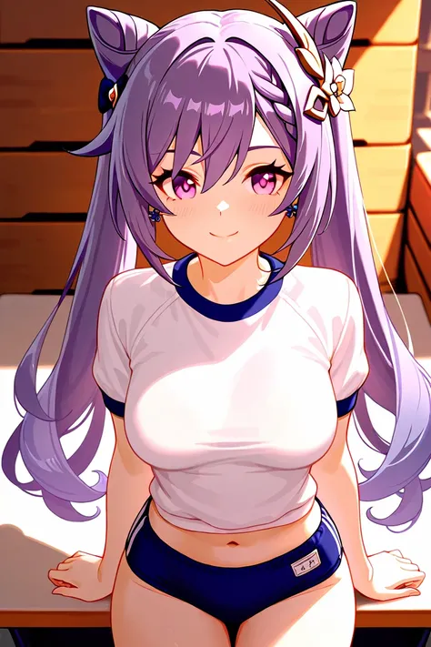 8k,masterpiece, best quality, ultra detailed, high resolution, super fine illustration,Keqing (Genshin impact), 1girl, solo, smile ,purple eyes, purple hair, cone hair bun, double bun, braided bangs, long hair, medium breasts, casual style, gym uniform,bur...