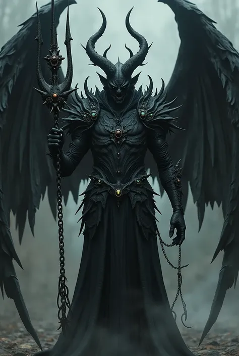 A fallen angel in matte black armor with lots of horns and eyes and on the right hand a chain with spikes and in the left hand a trident with lots of eyes and holes 