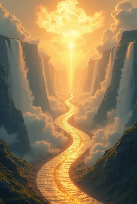 the golden key, then put the curve way up to the heaven, then put the red cross end of the way, finally put the waterfall like heaven on both have cloud flower of the heaven sides of the way . Realistic