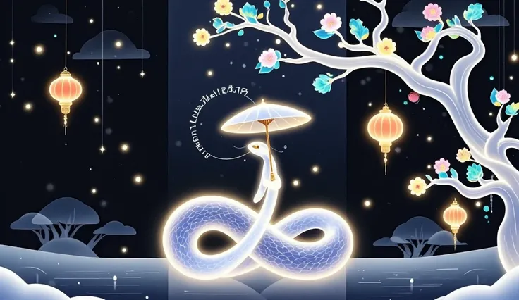 A cute snake, simple graphic illustration style, with colorful flowers and lanterns all around. with “Happy New Year” written on the top of the screen, with “2025” written below. background is white, vector graphics, Simple shapes, Flat design, There are a...