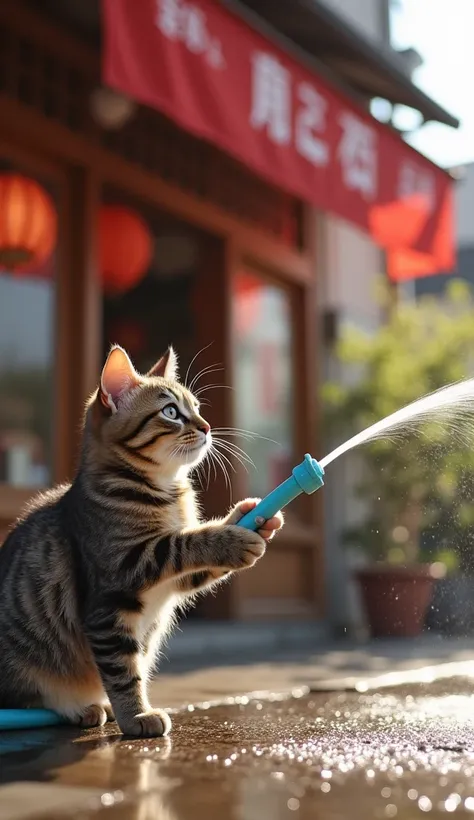  in front of a ramen shop 、 A cute cat with a large tabby pattern 、I'm holding a light blue hose with my hand and seriously sprinkling water。Tabby cats walk on two legs 。 The brown tiger kitten, which is expressed up to one hair in realistic depiction, is ...