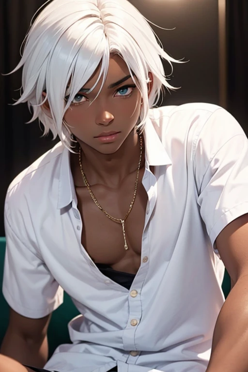 Anime boy, dark skin, femboy, white hair, 