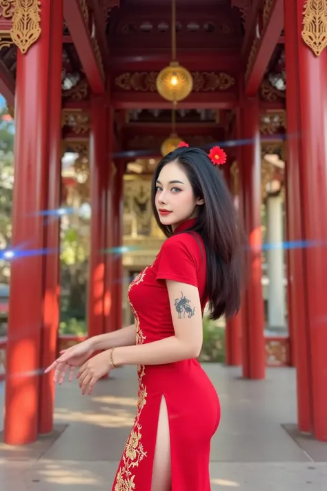 **Masterpiece, Ultra Detailed, Realism, Cinematic Quality**  
A stunning Thai idol, aged 18, exuding beauty and youthful confidence. She is wearing a striking red qipao (Cheongsam) with a high slit that elegantly reveals her toned legs, blending traditiona...