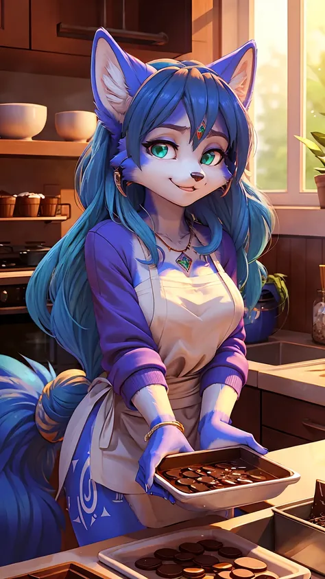 ((krystal)), Star Fox-Krystal, lovable,   green eyes, (((  long blue hair 1 .3))), Decollete, anthro, blurred,  detailed Fluffys fell,   detailed face , (Fluffy),   1 girl, , smile, Cook, chocolate, Container, 1 whisk , stains, making chocolate Scathach, s...