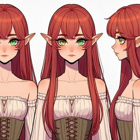 2D, Three images : One from an angle and pose any,  one of the face and one of the body. A red-haired elf, Long FRINGE, straight hair with waves, Green eyes and very white skin, almost pink.  wears a dark green jumpsuit,  sweater pulled to black, with a de...