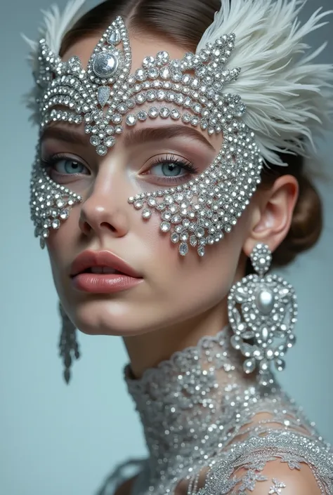 (masterpiece, Best Quality), intricate details, realist, photorealist, Full Body Portrait, Instagram Photo of a woman wearing aretes, Mary R., inspired by Emma Andijewska, wrapped in crystals, silver color, long aretes, sandra chevier, huge earrings, 2019,...