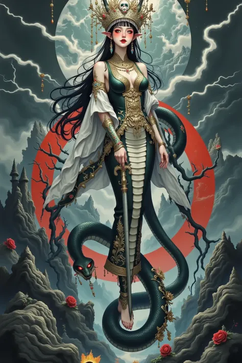 Scary Cleopatra，wizard，skull crown， snakeskin dress ，black python wrap， red eyes。 wield a long sword。Suspended buildings，lightning