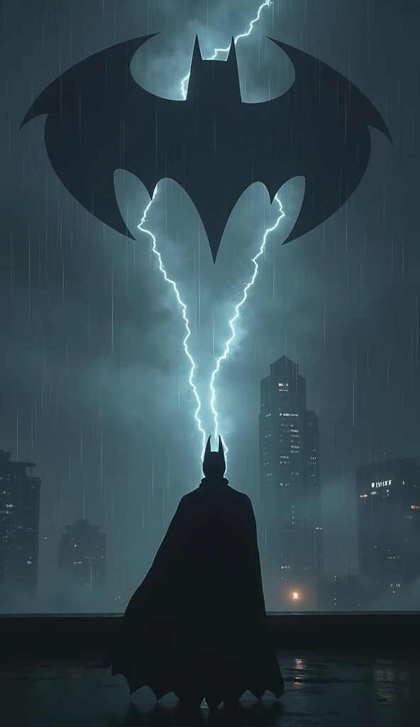 Here's a detailed prompt for the image you've shared:

"Create a dark, moody scene set in a rainy Gotham City. The silhouette of a lone superhero, wearing a black cape and a pointed cowl, stands facing a massive illuminated bat symbol projected into the st...