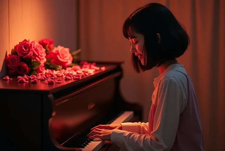 Valentine's night 、A woman with a short bob hairstyle has a soft smile on her face while playing the upright piano。Chocolate and rose petals are displayed on the piano, and 、 creating a romantic atmosphere 。