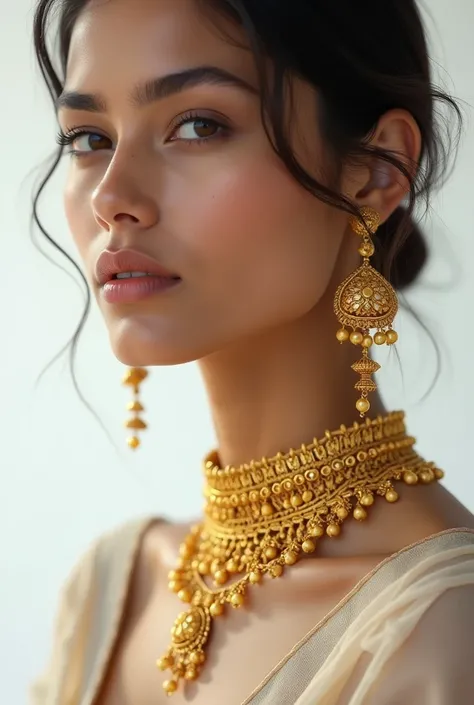 need a image of a female model wearing indian gold necklace and ear ring. do not show full face of the model. focus on neck and ear. background in white . make ir for mobile screen