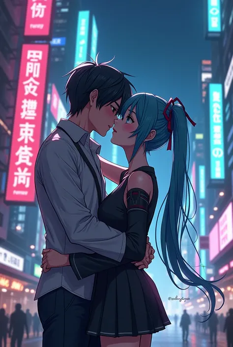 Eren Jeager x Hatsune Miku Kiss, in the cyberpunk city,anime style 